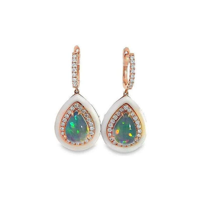 Elegant hoop earrings for women -14K Rose Gold Opal & Diamond White Onyx Dangle Earrings