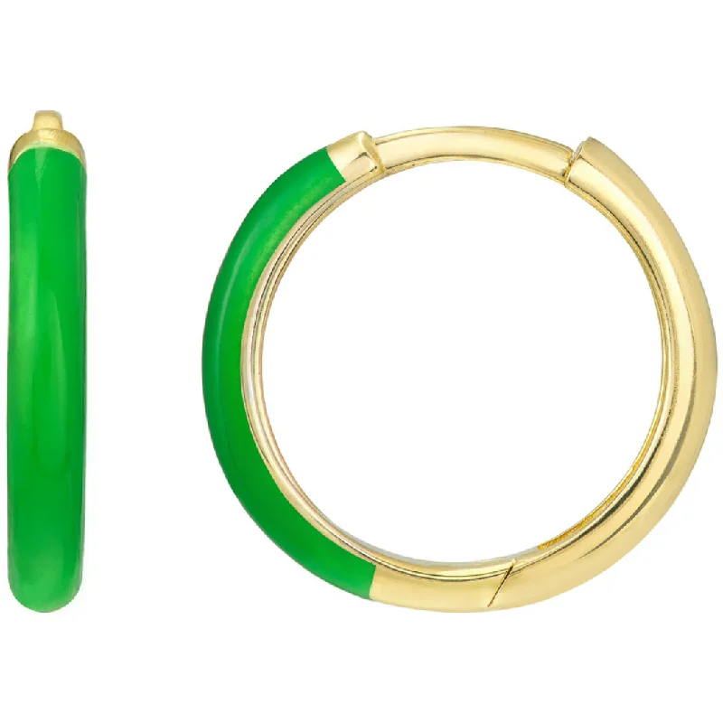 Ladies handmade earrings -14K Yellow Gold & Dark Green Enamel Huggie Hoop Earrings