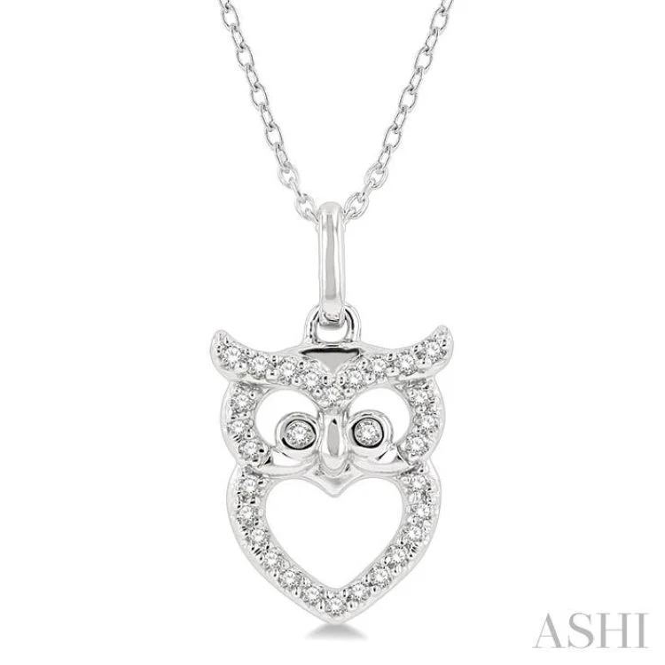 necklaces hypoallergenic metal -1/8 Ctw Owl Frame Petite Round Cut Diamond Fashion Pendant With Chain in 10K White Gold