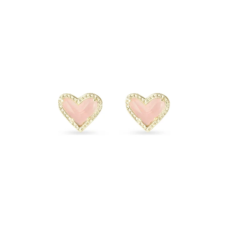 Chunky gold earrings for women -Kendra Scott Ari Heart Gold Earrings In Rose Quartz