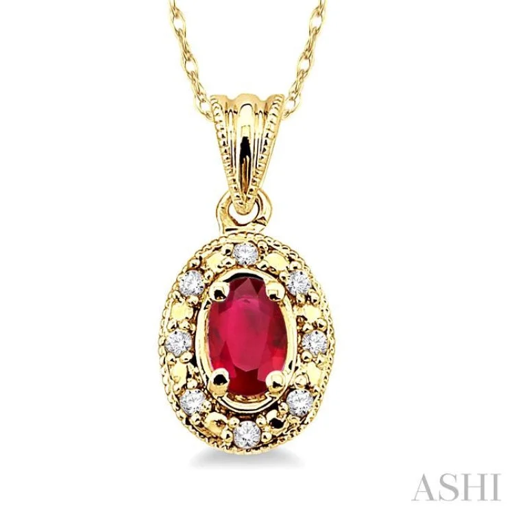 necklaces for bold fashion -5x3mm Oval Shape Ruby and 1/20 Ctw Single Cut Diamond Pendant in 14K Yellow Gold with Chain