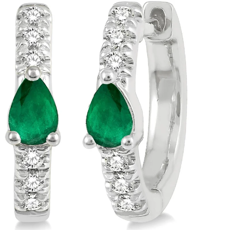 Delicate chain earrings for women -10K White Gold Diamond and Emerald Huggie Earrings