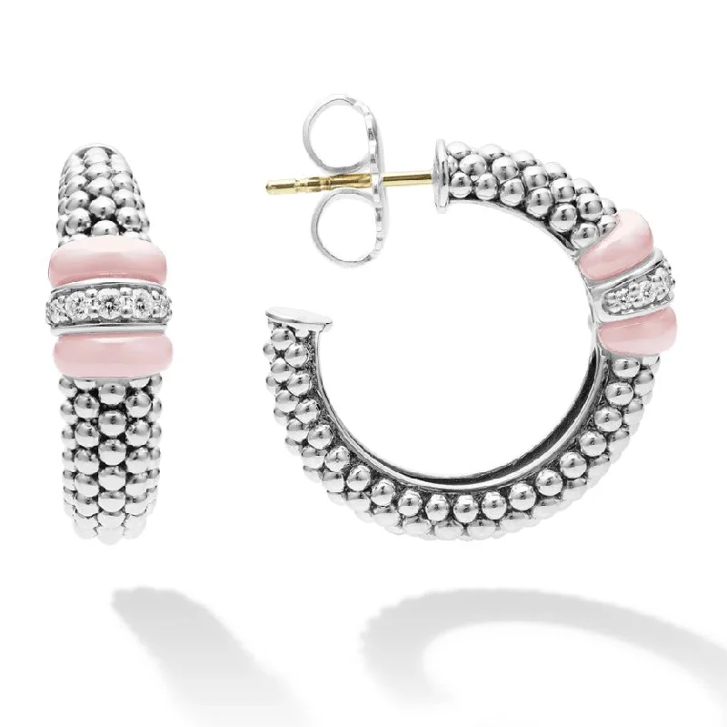 Ladies elegant chandelier earrings -Lagos Sterling Silver Pink Caviar Diamond Hoop Earrings