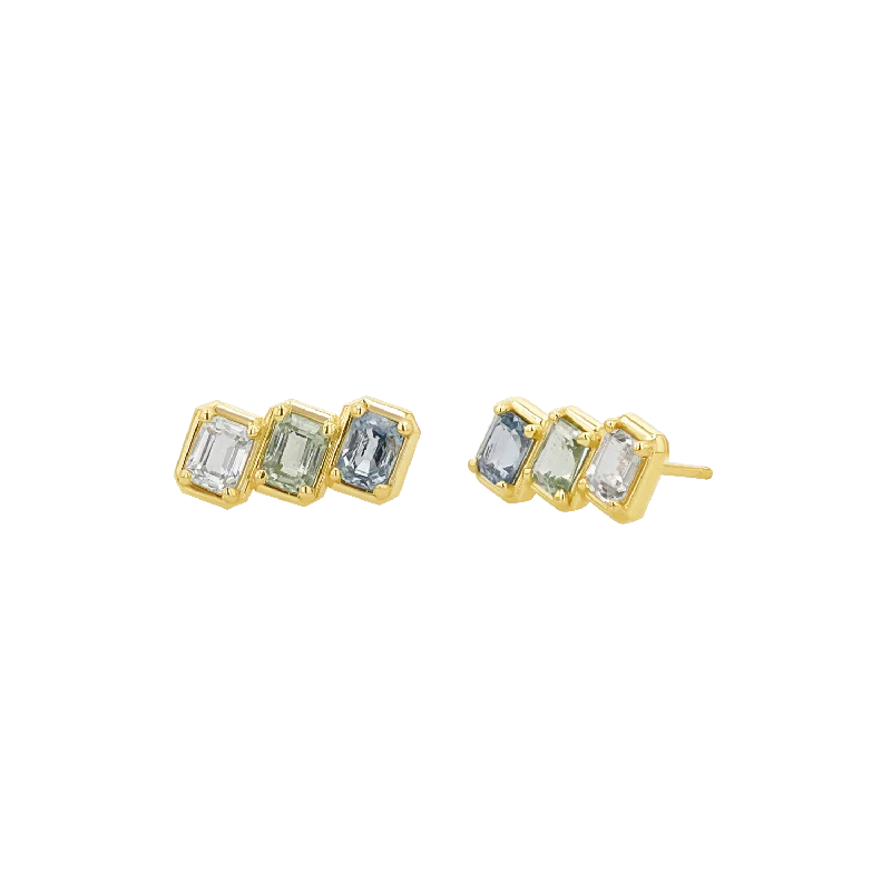 Ladies art deco earrings -Emerald Cut Blue Ombré Trio Sapphire Earrings