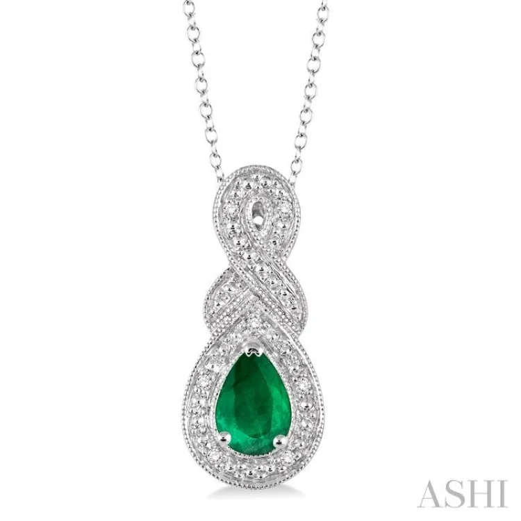 necklaces with green emerald -6x4 MM Pear Shape Emerald and 1/50 Ctw Round Cut Diamond Pendant in Sterling Silver with Chain