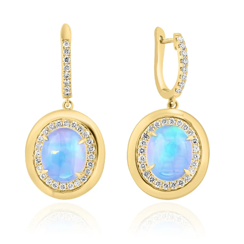 Small stud earrings for ladies -14K Gold Opal & Diamond Polished Frame Oval Dangle Earrings