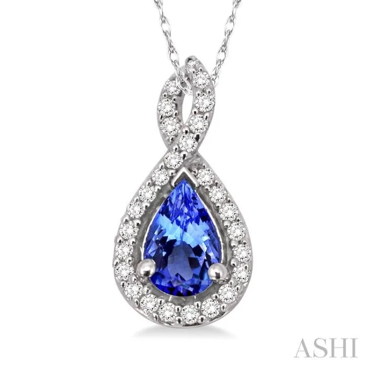 necklaces long chain style -6x4MM Pear Shape Tanzanite and 1/10 Ctw Round Cut Diamond Pendant in 14K White Gold with Chain