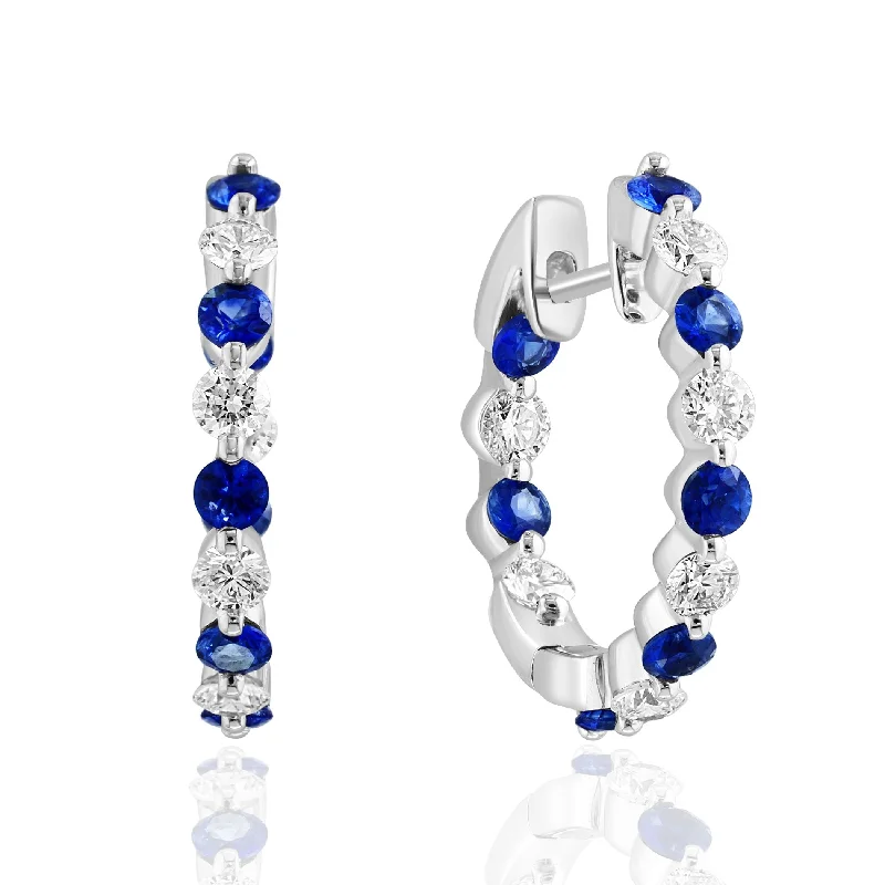 Ladies boho style earrings -14K White Gold Sapphire & Diamond Inside Out Hoops