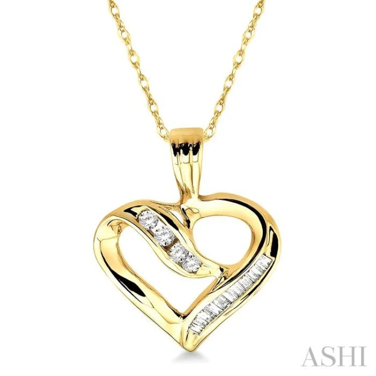 necklaces with zircon sparkle -1/4 Ctw Baguettes and Round Diamond Heart Pendant in 10K Yellow Gold with Chain