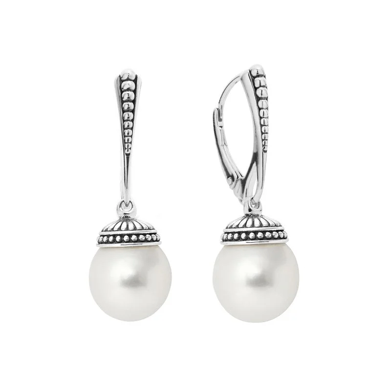 Trendy drop earrings for women -Lagos Sterling Silver Luna 10mm Pearl Drop Leverback Earrings