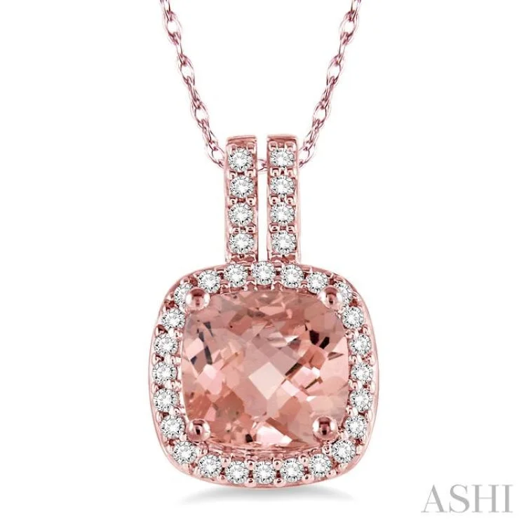 necklaces with zircon sparkle -7x7 mm Cushion Cut Morganite and 1/5 Ctw Round Cut Diamond Pendant in 14K Rose Gold with Chain