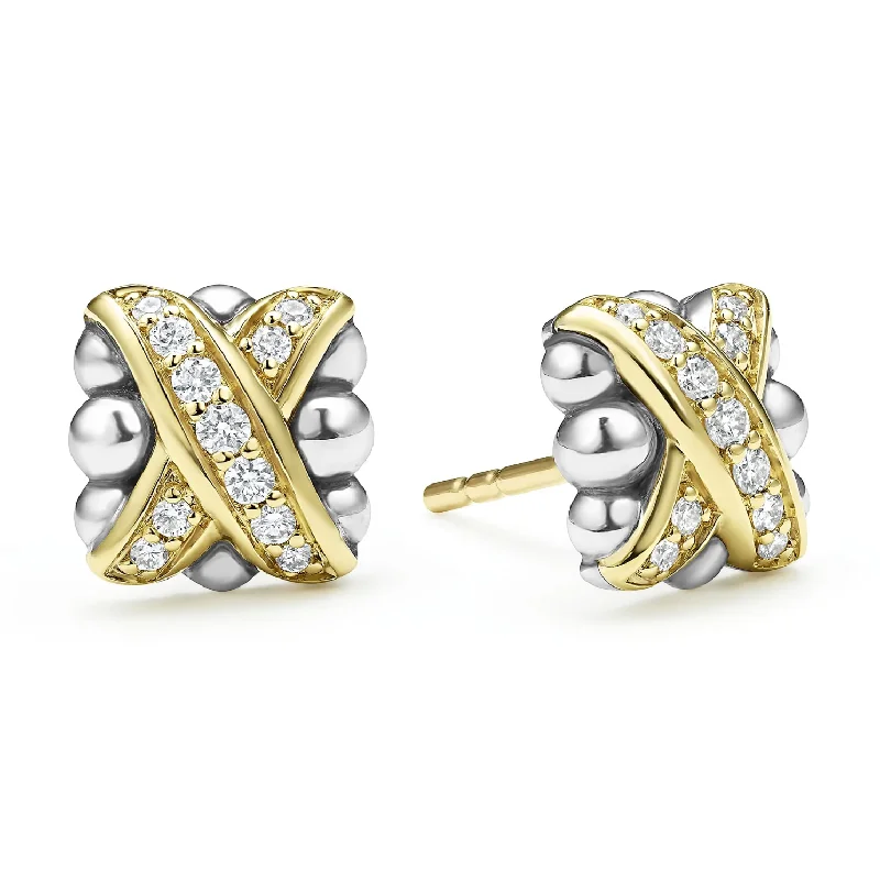 Floral design earrings for women -Lagos 18K and Sterling Silver Embrace X Stud Diamond Earrings