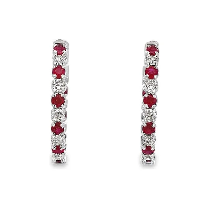 Rose gold ladies earrings -14K White Gold Diamond & Ruby Inside Out Hoops