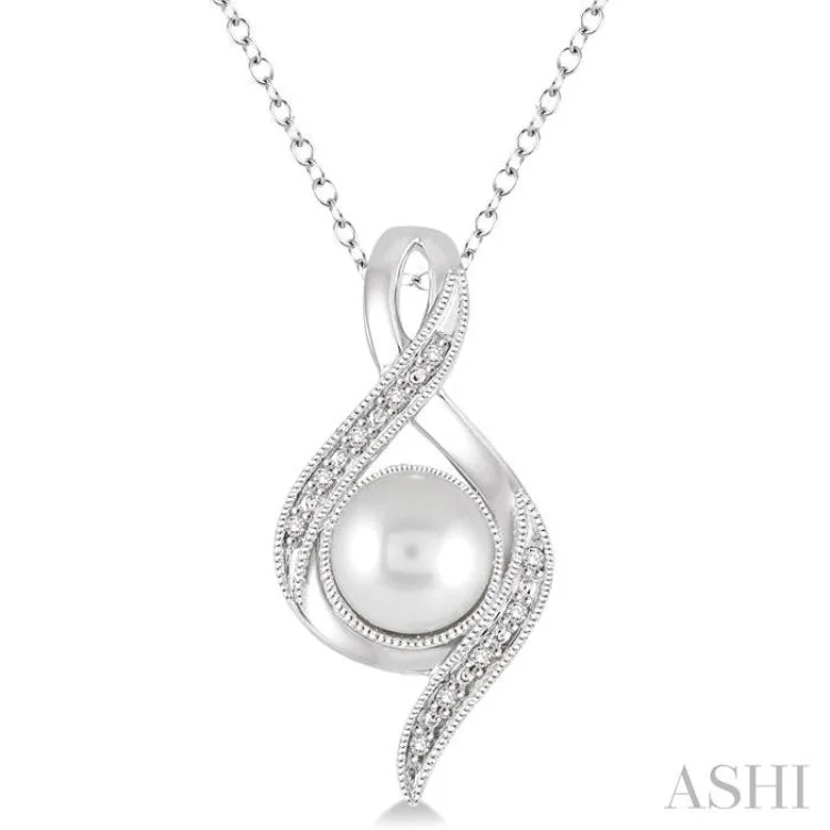 necklaces delicate thin chain -7x7 MM Cultured Pearl and 1/20 Ctw Round Cut Diamond Pendant in Sterling Silver with Chain