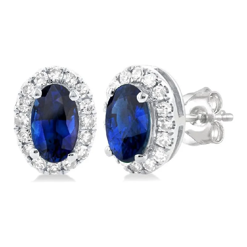 Vintage drop earrings for women -10K White Gold Oval Sapphire and Diamond Halo Stud Earrings