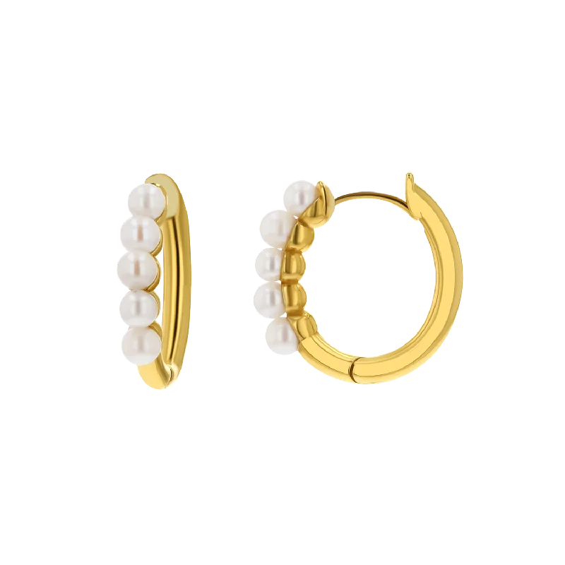 Chunky statement earrings for women -Pearl Huggies Hoop Earrings