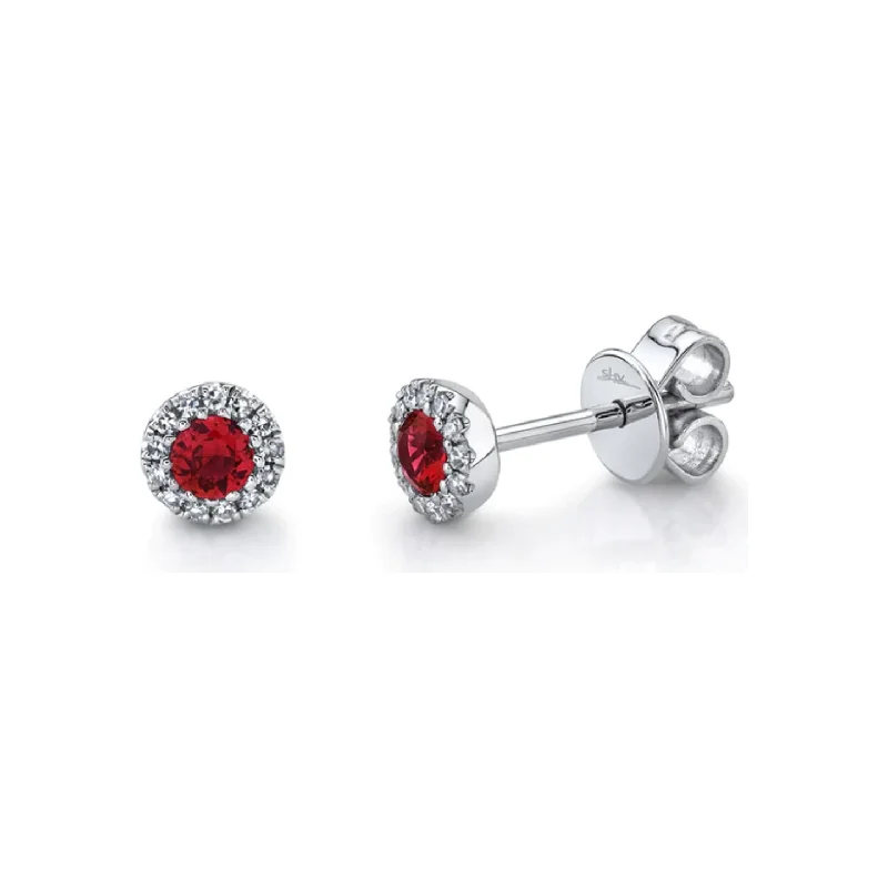 Modern dangle earrings for women -14K White Gold Ruby and Diamond Halo Studs