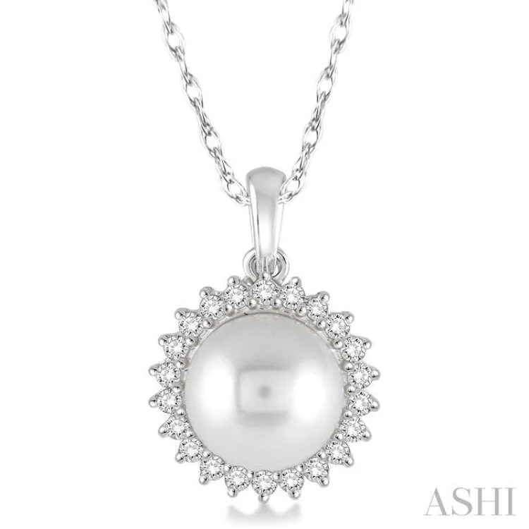 necklaces bold statement piece -8x8 MM Cultured Pearl and 1/5 Ctw Round Cut Diamond Pendant in 14K White Gold with Chain