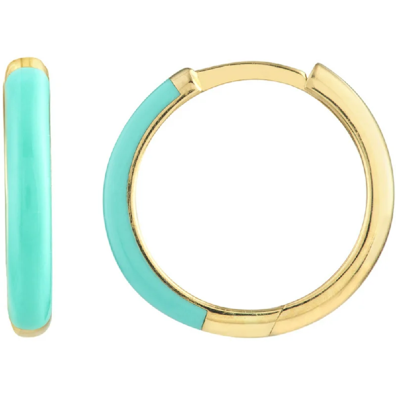 Ladies art deco earrings -14K Yellow Gold & Turquoise Enamel Huggie Hoop Earrings