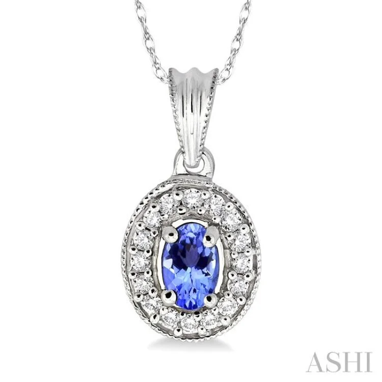 necklaces with gemstone beads -6x4mm Oval Cut Tanzanite and 1/5 Ctw Round Cut Diamond Pendant in 14K White Gold with Chain