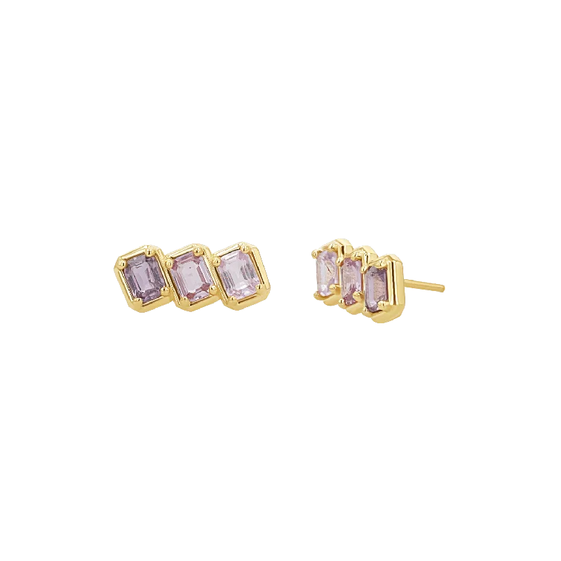 Dainty diamond earrings for women -Emerald Cut Pink Ombré Trio Sapphire Earrings