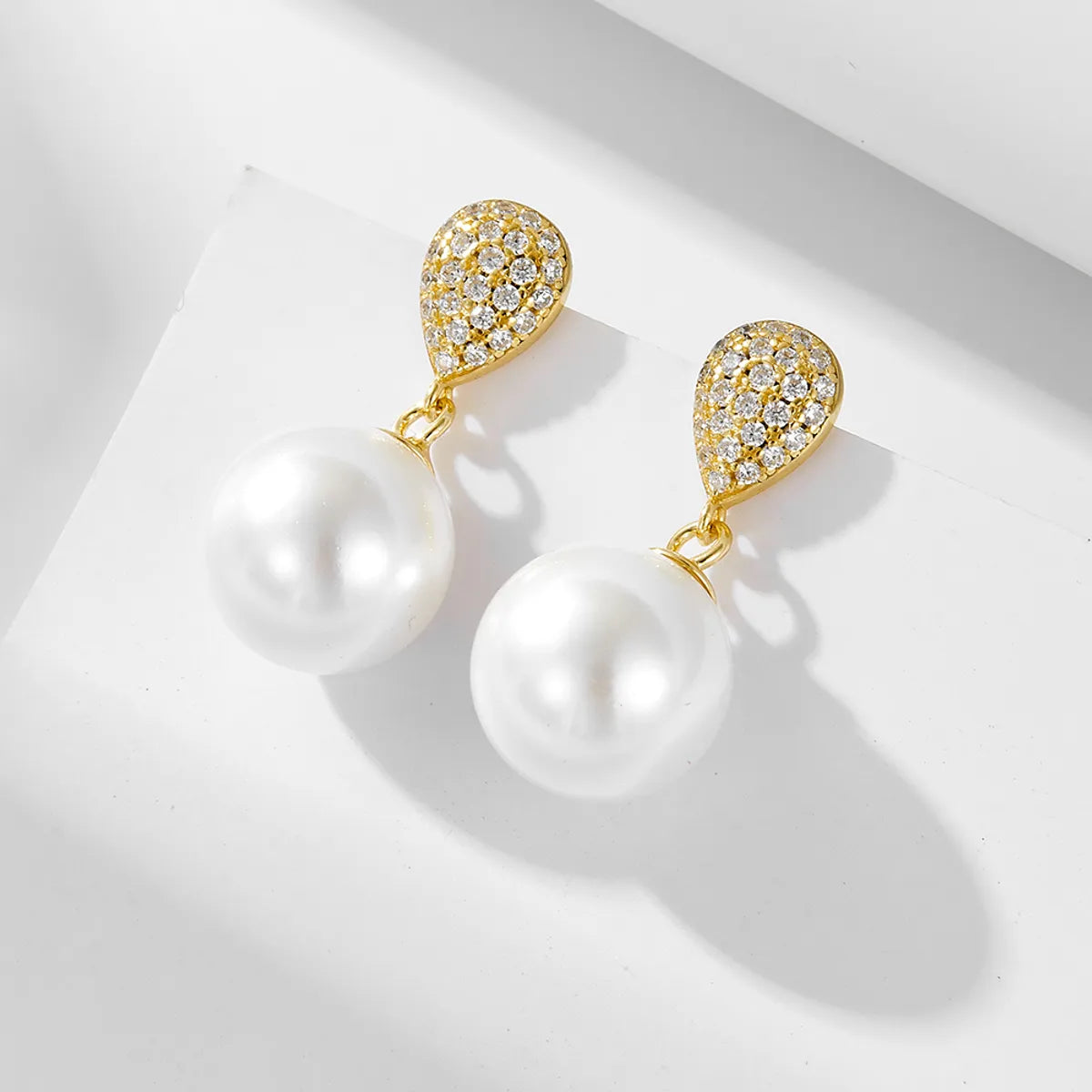 Ladies geometric stud earrings -1 Pair Ig Style Sweet Water Droplets Solid Color Plating Inlay Sterling Silver Pearl Zircon 14k Gold Plated Rhodium Plated Drop Earrings