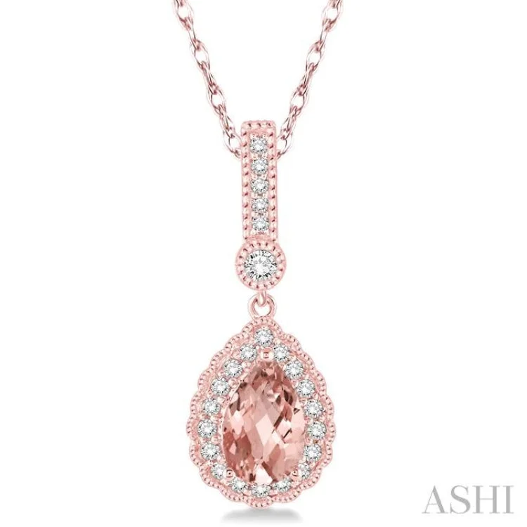 necklaces with pink sapphire -7x5 Pear Shape Morganite and 1/5 Ctw Round Cut Diamond Pendant in 14K Rose Gold with Chain