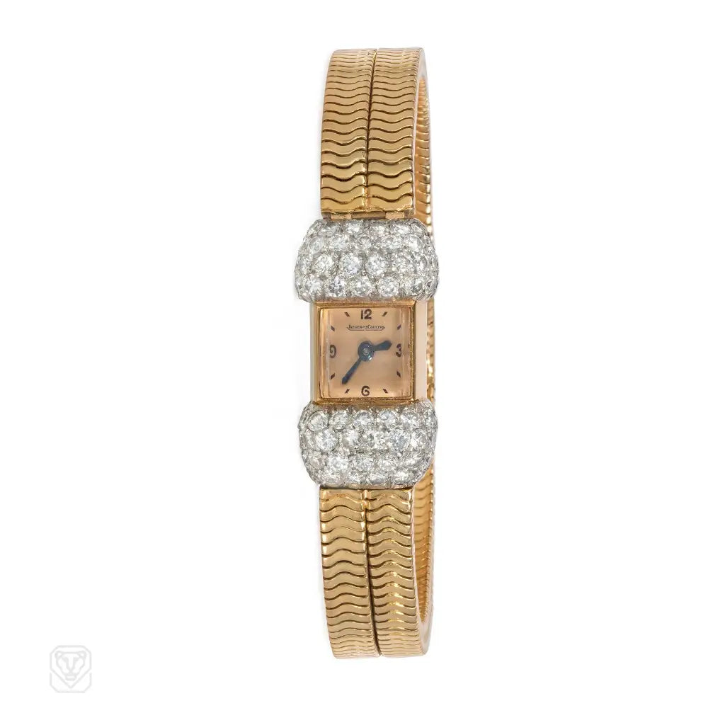 Ladies elegant halo engagement rings -Jaeger LeCoultre Retro gold and diamond backwinder watch