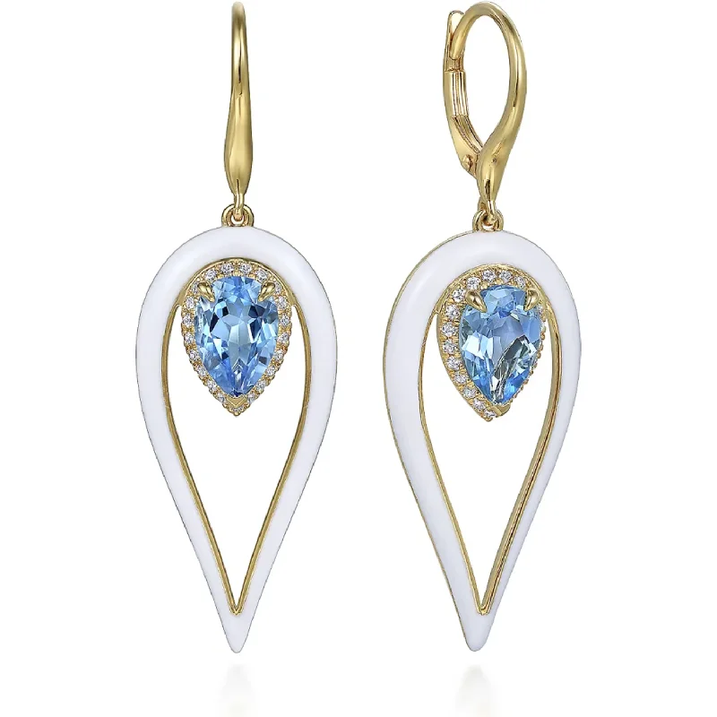 Diamond drop earrings for women -Gabriel 14K Yellow Gold Blue Topaz Pear Shape Drop Earrings with White Enamel