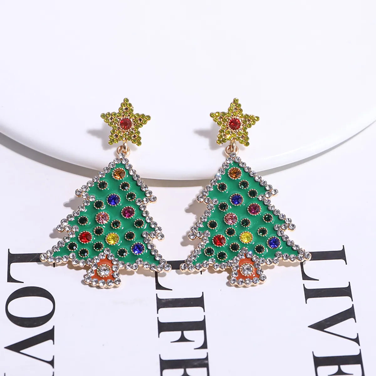 Classic pearl stud earrings for ladies -1 Pair Simple Style Christmas Tree Plating Inlay Alloy Rhinestones Gold Plated Ear Studs