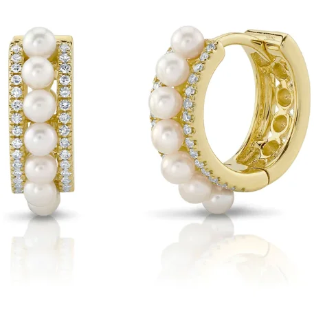 Elegant diamond earrings for women -14K Yellow Gold Pearl and Diamond Huggies