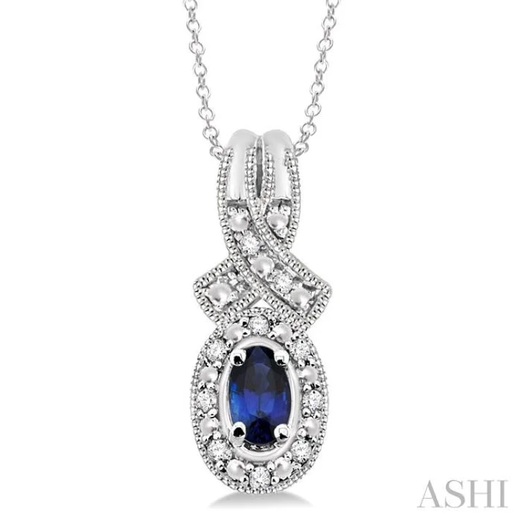 necklaces for holiday gift -5x3 mm Oval Cut Sapphire and 1/50 Ctw Single Cut Diamond Pendant in Sterling Silver with Chain