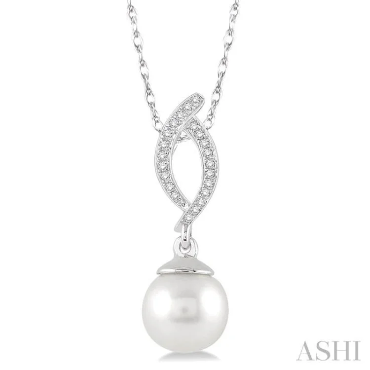 necklaces bold statement piece -7x7 MM Round Cut Cultured Pearl and 1/20 Ctw Round Cut Diamond Pendant in 10K White Gold with Chain