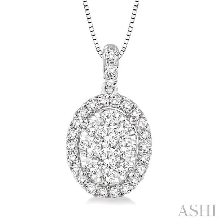 necklaces with white pearls -1/2 Ctw Oval Shape Diamond Lovebright Pendant in 14K White Gold with Chain