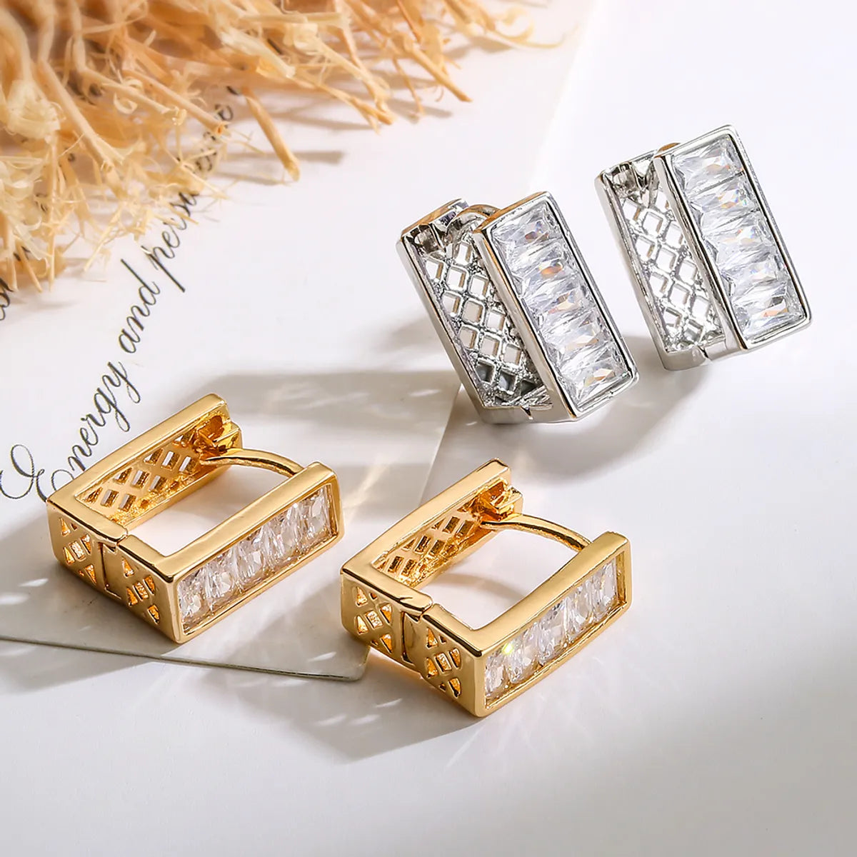 Unique handmade earrings for women -1 Pair Simple Style Commute Square Plating Inlay Copper Zircon 18k Gold Plated Earrings