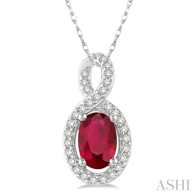 necklaces with blue topaz -6x4 MM Oval Cut Ruby and 1/10 Ctw Round Cut Diamond Pendant in 10K White Gold with Chain