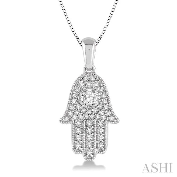 necklaces lightweight daily use -3/8 Ctw Round Cut Diamond Hamsa Pendant in 14K White Gold with Chain