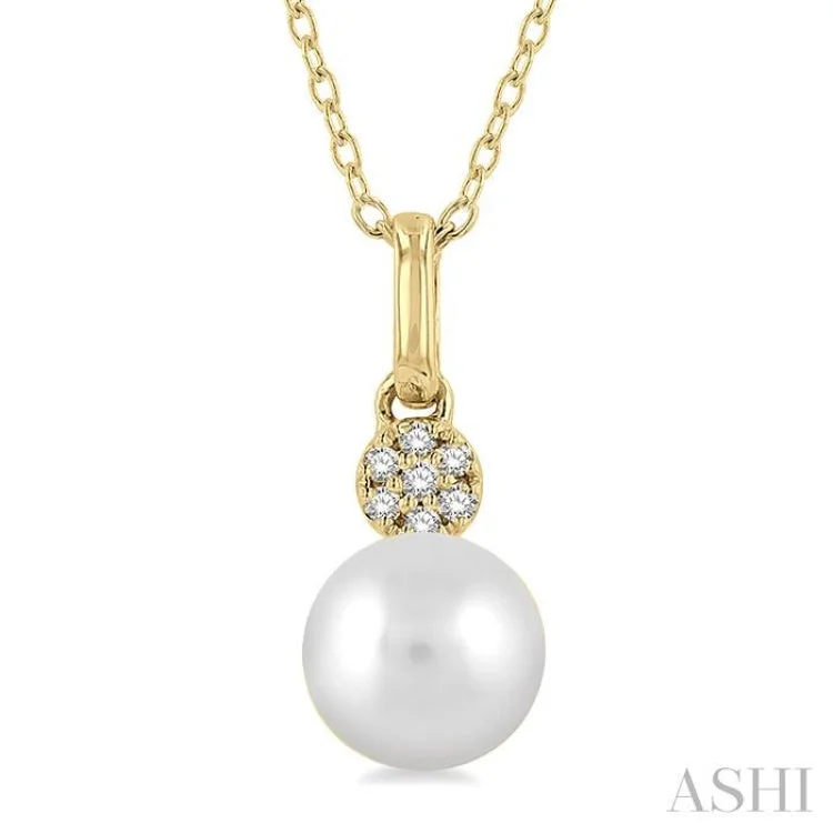 necklaces elegant gold tone -1/50 ctw Petite 6X6MM Cultured Pearl and Round Cut Diamond Fashion Pendant With Chain in 10K Yellow Gold