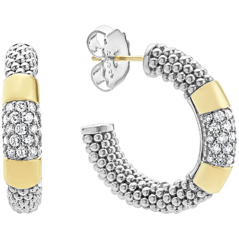 Ladies lightweight earrings -Lagos 18K and Sterling Silver High Bar Diamond 28mm Caviar Hoop Earrings