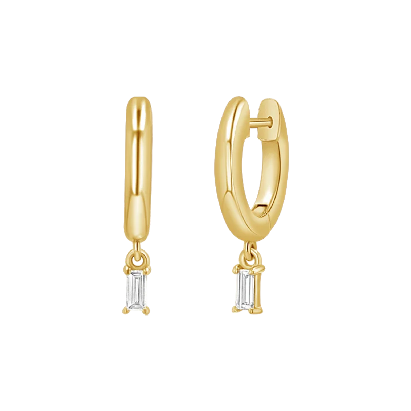 Ladies art deco earrings -Diamond Baguette Charm Drop Huggies