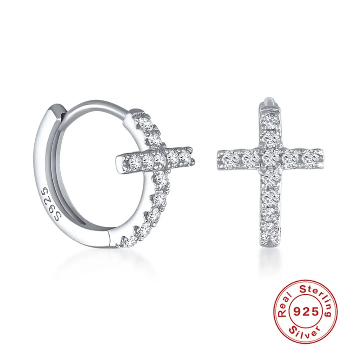 Simple hoop earrings for ladies -1 Pair Simple Style Shiny Cross Plating Inlay Sterling Silver Zircon Earrings