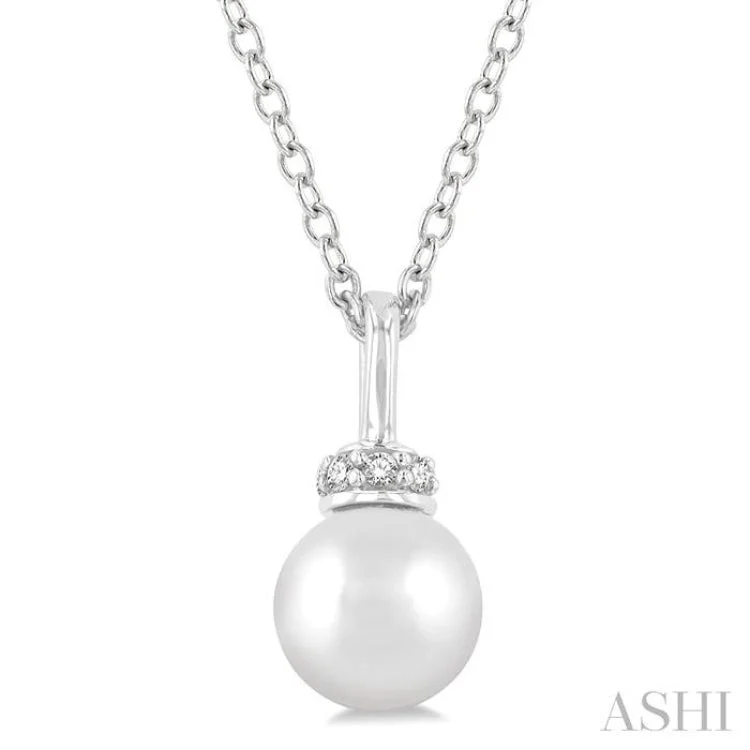 necklaces adjustable length fit -1/20 ctw Petite 6X6MM Cultured Pearl and Round Cut Diamond Crown Fashion Pendant With Chain in 10K White Gold