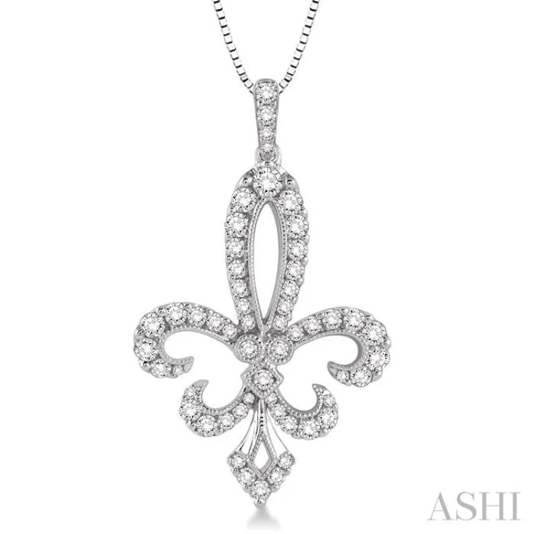 necklaces for bridal elegance -3/4 Ctw Round Cut Diamond Fleur De Lis Pendant in 14K White Gold with Chain