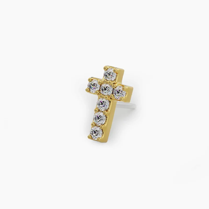 Ladies sterling silver earrings -Diamond Cross Piercing Stud End