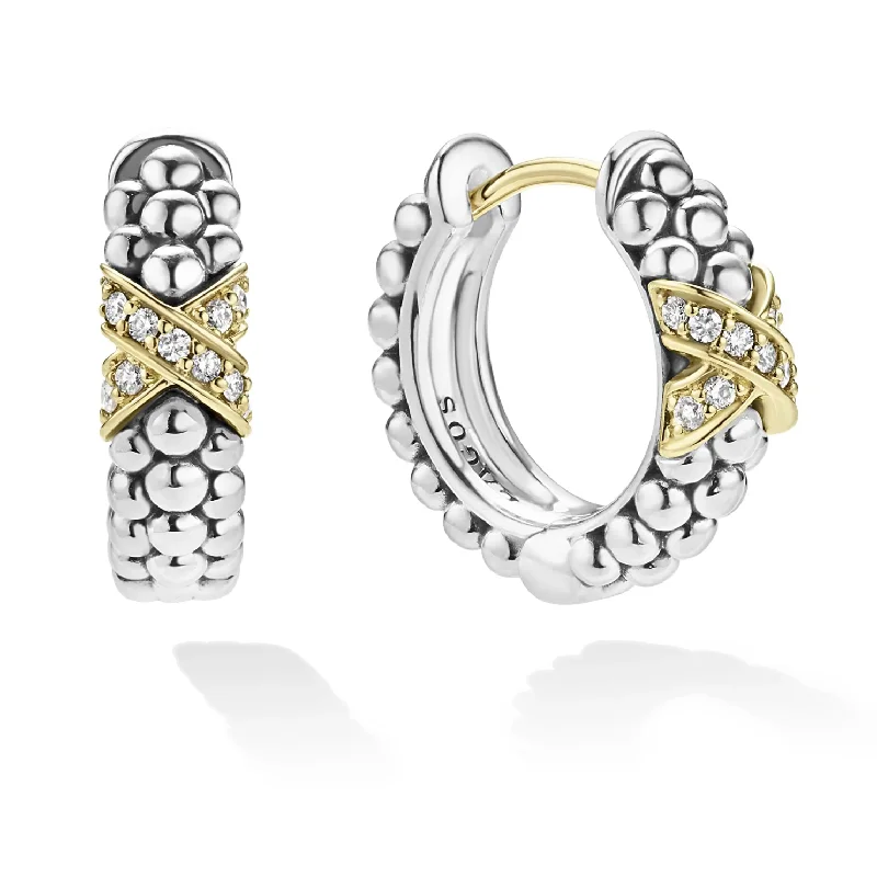 Ladies pearl drop earrings -Lagos 18K & Sterling Silver Embrace X Station Diamond Huggie Earrings