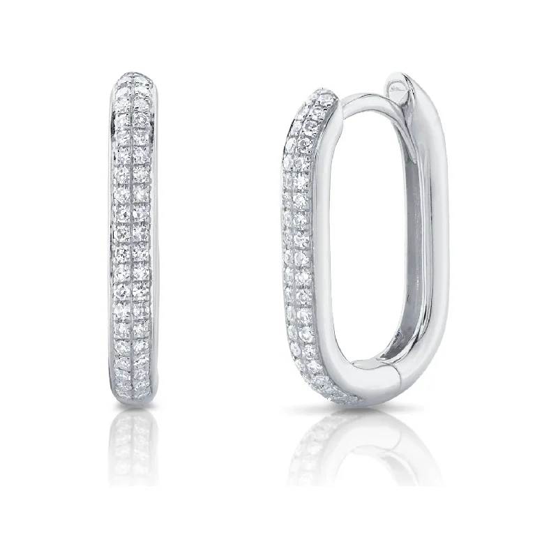 Chunky statement earrings for women -14K White Gold Oval Diamond Pave Huggies