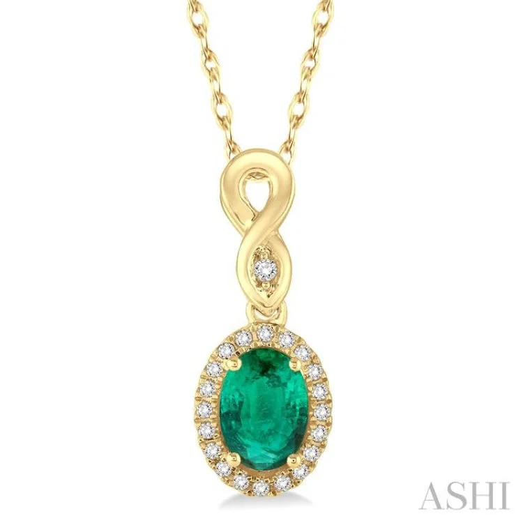 necklaces with green emerald -6x4 MM Oval Cut Emerald and 1/10 Ctw Round Cut Diamond Pendant in 10K Yellow Gold with Chain