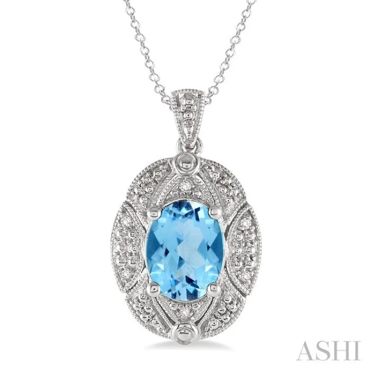 necklaces with green emerald -9x7 mm Oval Cut Blue Topaz and 1/50 ctw Single Cut Diamond Pendant in Sterling Silver with Chain