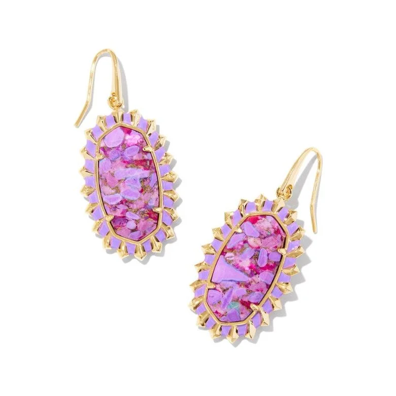 Ladies boho style earrings -Kendra Scott Dani Gold Color Burst Drop Earrings in Bronze Veined Violet Magnesite