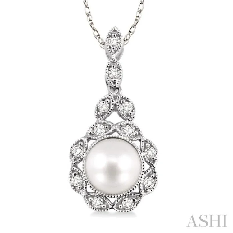 necklaces for party glamour -6.5MM Cultured Pearl and 1/10 Ctw Single Cut Diamond Pendant in 14K White Gold with Chain